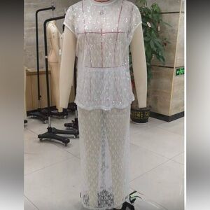 Elegant White Lace Overlay sequin set skirt top S beach cover up